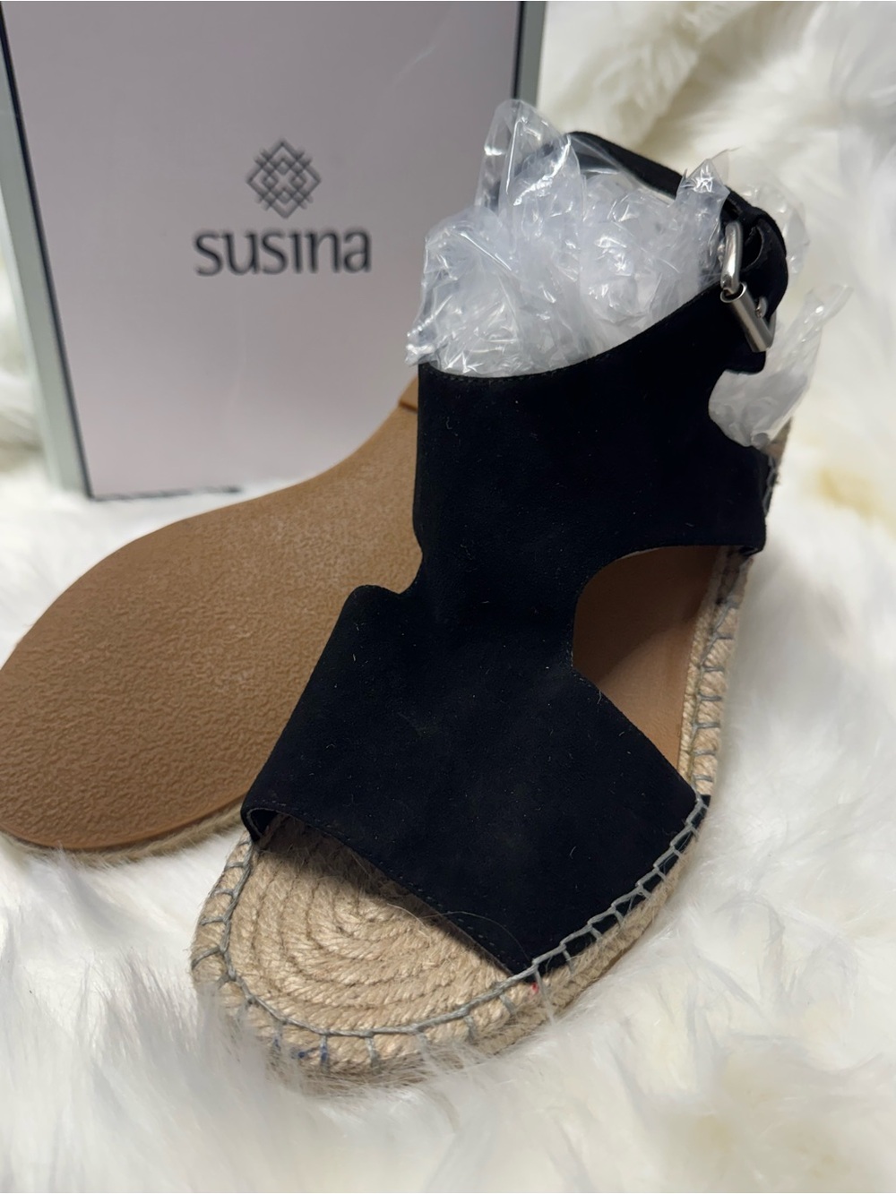 Susina Black Suede Espadrille Wedge Sandals